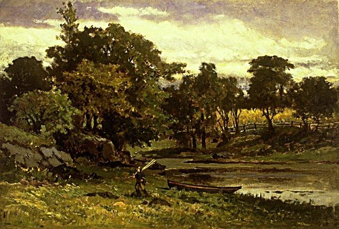 Edward Mitchell Bannister landscape, boat moored near stream, man walking in foreground